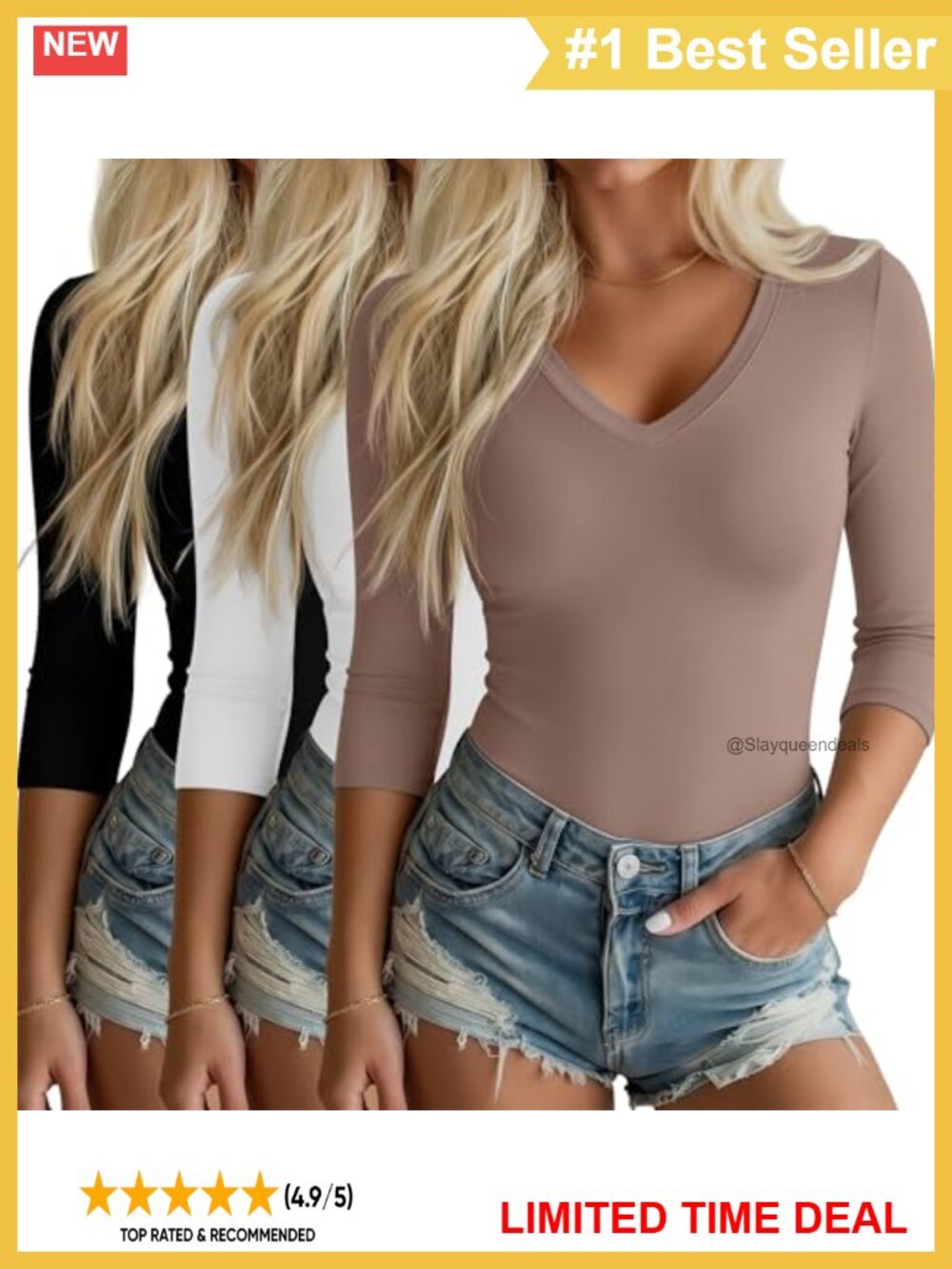 Women's 3/4 Sleeve V-Neck T-Shirts 3 Pack Cotton Blend Slim Fit Tees